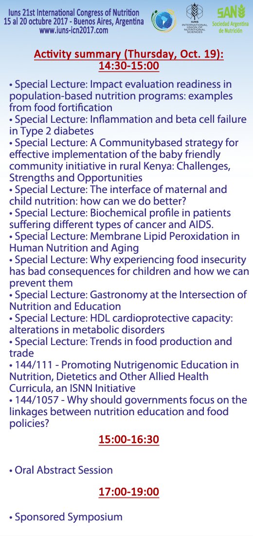 21ICN2017's tweet photo. Don't miss out activities of Thursday 19th.
Link: https://t.co/IVBEOjItW9
#IUNS #IUNS2017 #nutrition #Nutrición #ICN2017 https://t.co/4JhenIGZ0a