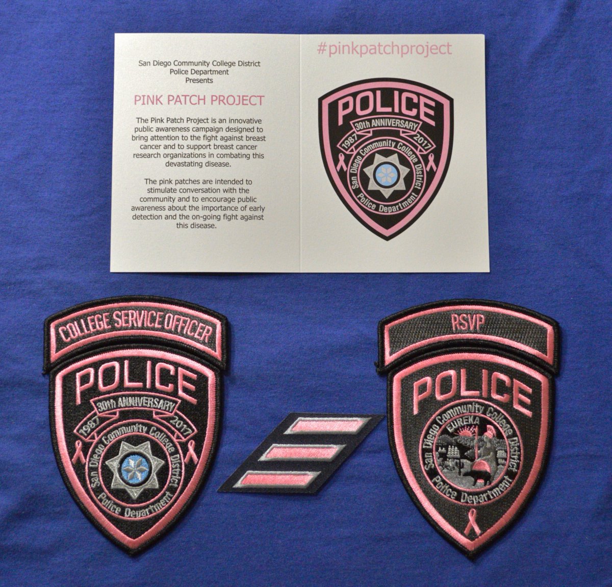 alpca7422's tweet photo. Many thanks to Sgt. Headtke for the beautiful set of #PinkPatchProject patches from the @SDCCDPolice. They support the @cityofhope. https://t.co/JxAfp1VdPT