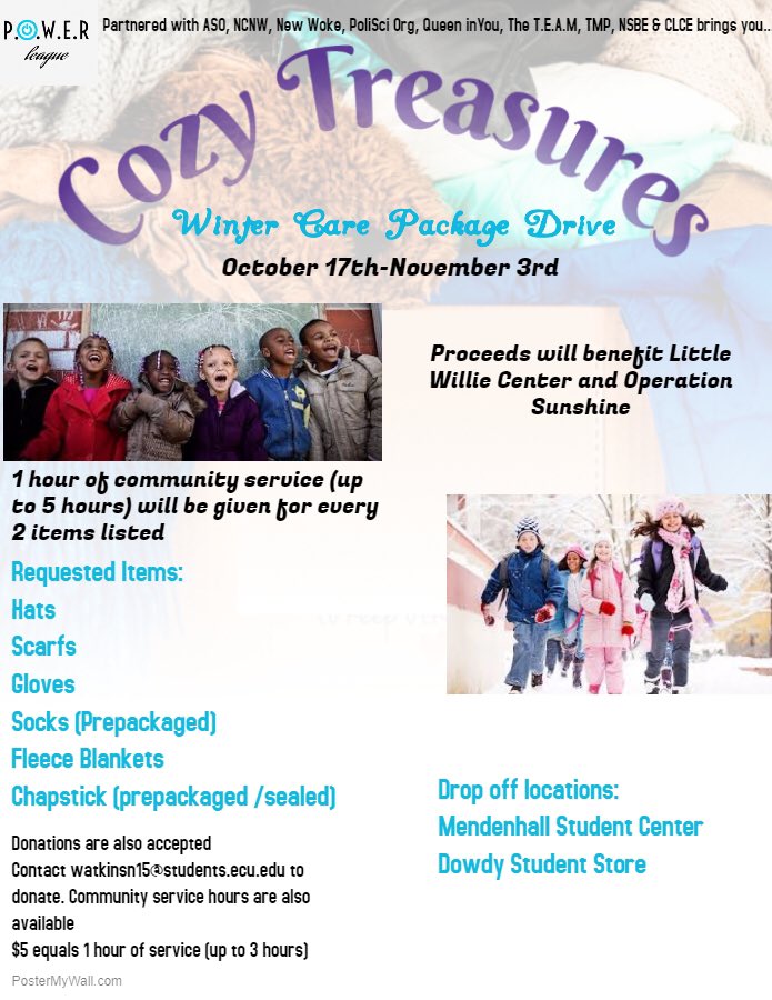 ECU_NSBE's tweet photo. Winter Clothing Drive powered by @Press__POWER , NSBE, @ECU_TheTeam , @ECU_ASO , and others 🤗! Donate and earn community service hours ! https://t.co/UI4KTCVWbO