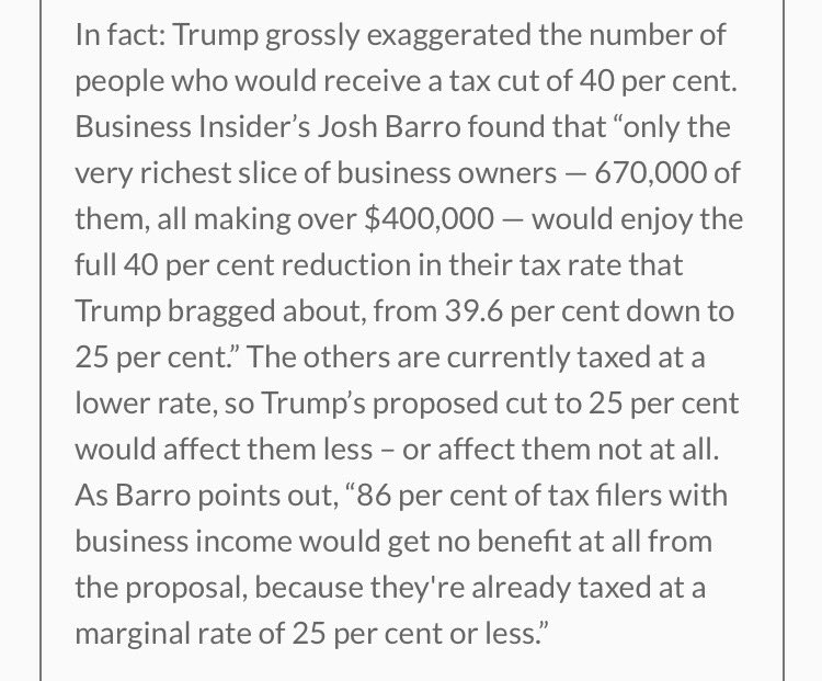 ddale8's tweet photo. Trump just falsely claimed again that 30 million small-biz owners get a 40% tax cut with his plan. As @jbarro explained, it's 670,000. https://t.co/TdMOdZvAbr