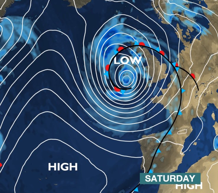 bbcweather's tweet photo. Not a #hurricane but an Autumn storm. #gales with strongest gusts 50-70mph in W Wales &amp; S England on Saturday. Darren https://t.co/Aw2UI4UcmH