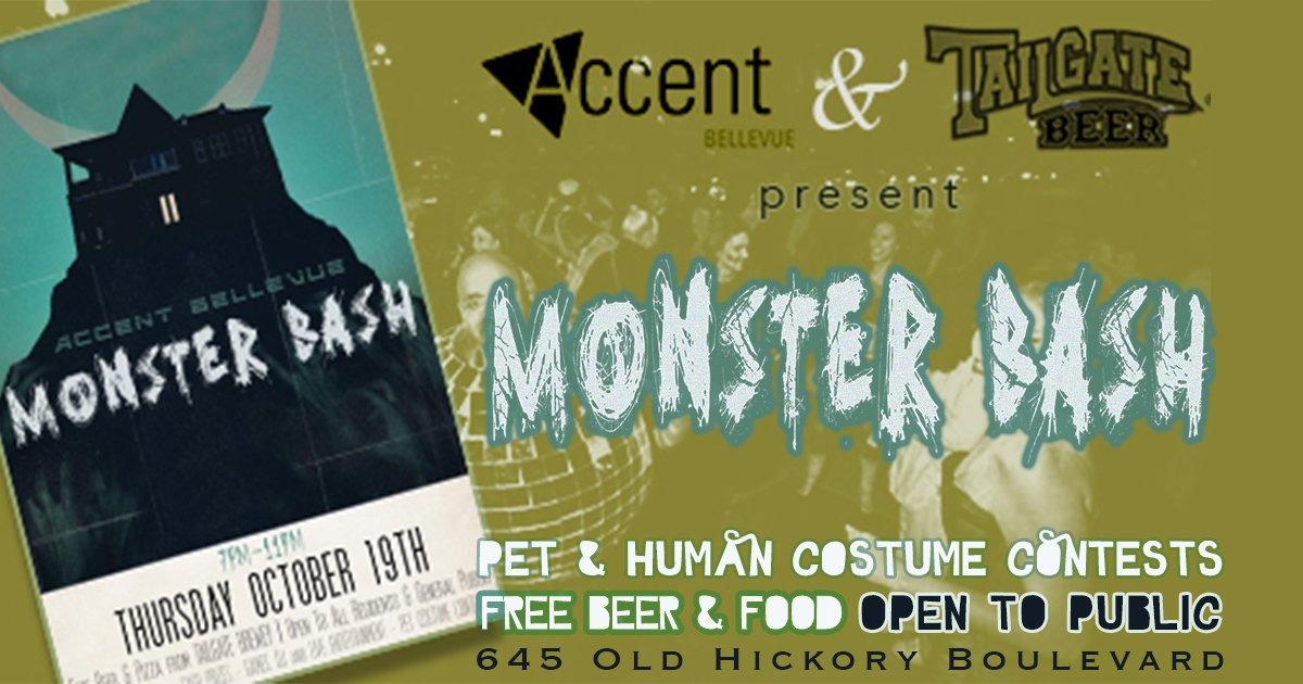 AccentBellevue's tweet photo. West Nashville's biggest Halloween party is tomorrow night at @AccentBellevue ! FREE beer &amp; food from @tailgatebeer begins at 7PM. Join us! https://t.co/U9PNLG6rFG