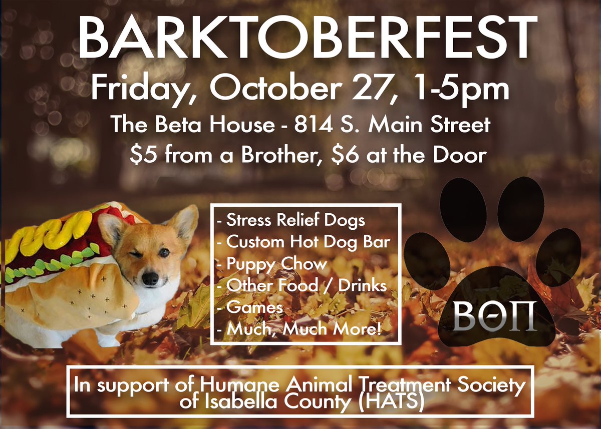 beta_cmich's tweet photo. Please join us next Friday, in support of @IsabellaHATS, at Barktoberfest! It's sure to be a DOG-gone good time! Detail below ▼🐶 #ForTheDogs https://t.co/c0LTJ97NTU