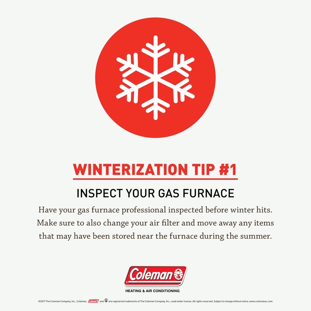 ColemanHVAC's tweet photo. A great first step in getting ready for #winter is preparing your gas furnace with a professional inspection. #HVACTip #LegendaryHVAC https://t.co/CYCSrQ2V1Z