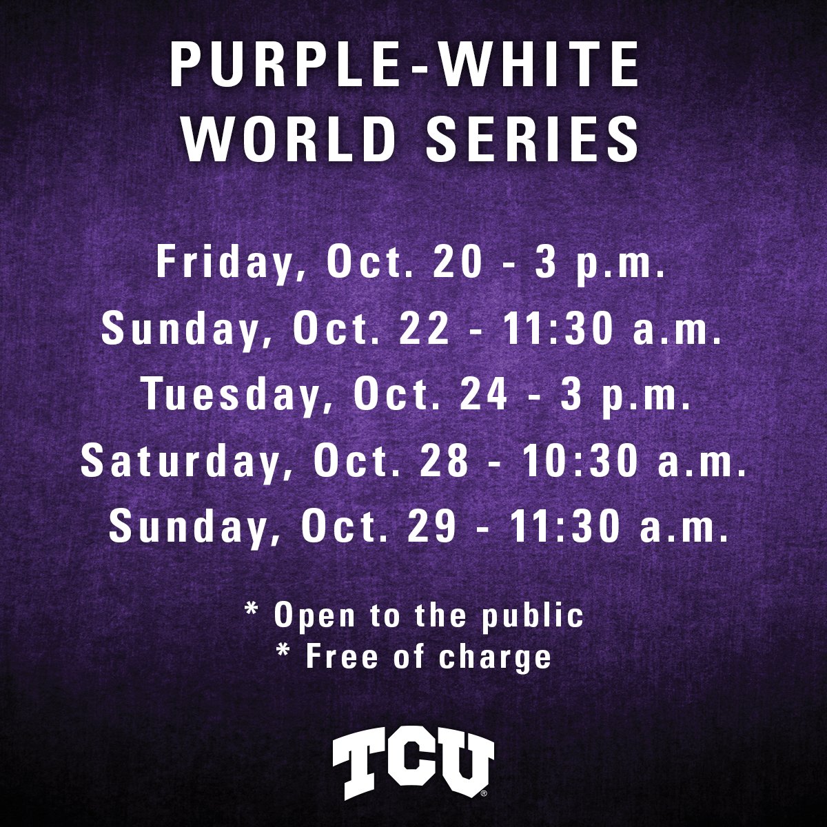 TCU_Baseball's tweet image. The Purple-White World Series starts Friday! Games are free and open to the public. #GoFrogs