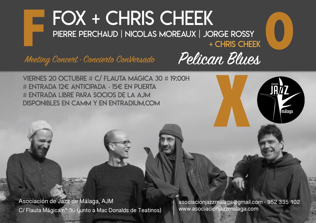 ajazzmalaga's tweet photo. CONCIERTO #FOXTRIO + #CHRISCHEEK · VIERNES 20 OCTUBRE · 19:00H EN EL @CAMM_Malaga · https://t.co/YFYv03dC3T · #JAZZ #MALAGA https://t.co/5pUmYrEvPh