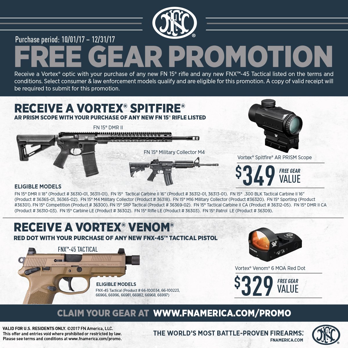 FN_America's tweet photo. Free @VortexOptics w/ purchases of select #FNX45Tactical and #FN15s now through Dec 31. https://t.co/Oux3dE528j for more. #FNFreeGear https://t.co/rbniOGKoGl