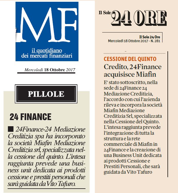 24finance's tweet photo. Oggi siamo sia su @MilanoFinanza che sul @sole24ore @24finance #mutui #prestiti https://t.co/hw8VMCvvHa