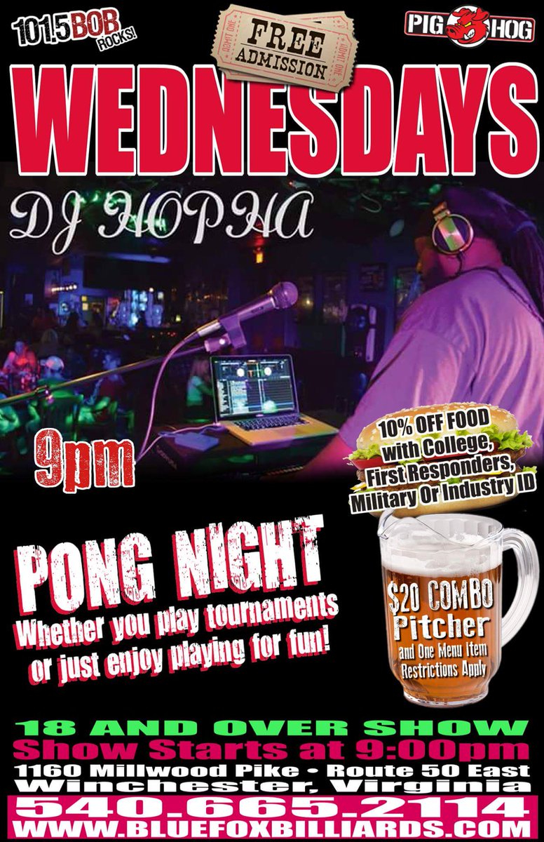 BlueFoxVA's tweet photo. Wednesday night pong night, featuring one of the best local Dj's in town! 
No cover!  
#wedoitbest #bluefoxva https://t.co/Ge1qbjA1Ej