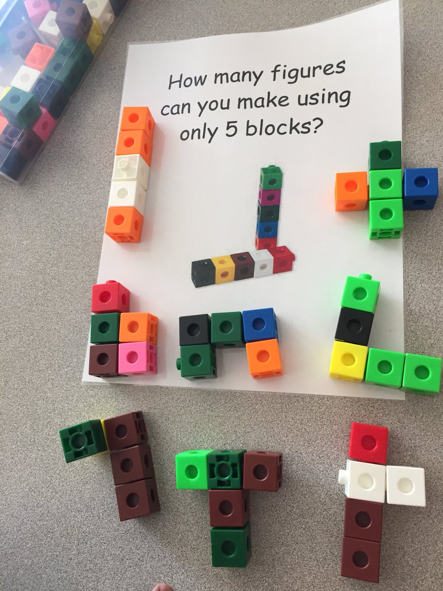 JennCampbell27's tweet image. A year two student was able to find many different ways to make a figure using only 5 blocks. #lvmath