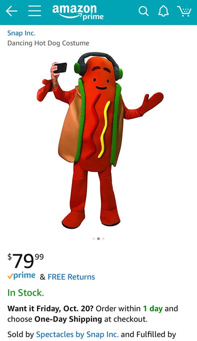 Snap&rsquo;s latest physical product is an $80 dancing hotdog Halloween costume. For reals. https://t.co/XJMqPUDqxU<a href="/tag/io17"class="tags"><span>#io17</span></a>