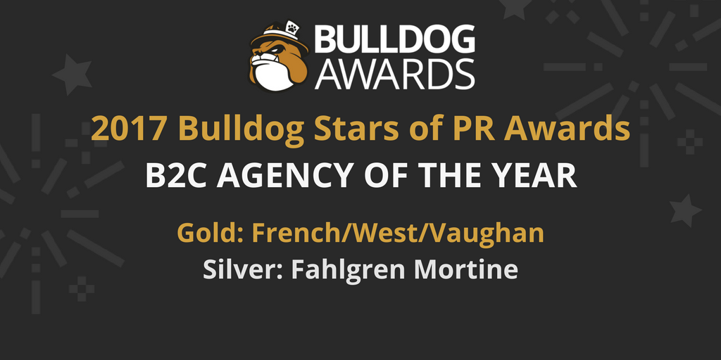 Bulldog Reporter (@bulldogreporter) on Twitter photo Congratulations to the B2C Agencies of the Year <a href="/FWV_US/">French/West/Vaughan</a> <a href="/FahlgrenMortine/">Fahlgren Mortine</a> on their Bulldog Stars of PR Awards win! hubs.ly/H08Y6cV0 Congratulations to the B2C Agencies of the Year <a href="/FWV_US/">French/West/Vaughan</a> <a href="/FahlgrenMortine/">Fahlgren Mortine</a> on their Bulldog Stars of PR Awards win! hubs.ly/H08Y6cV0