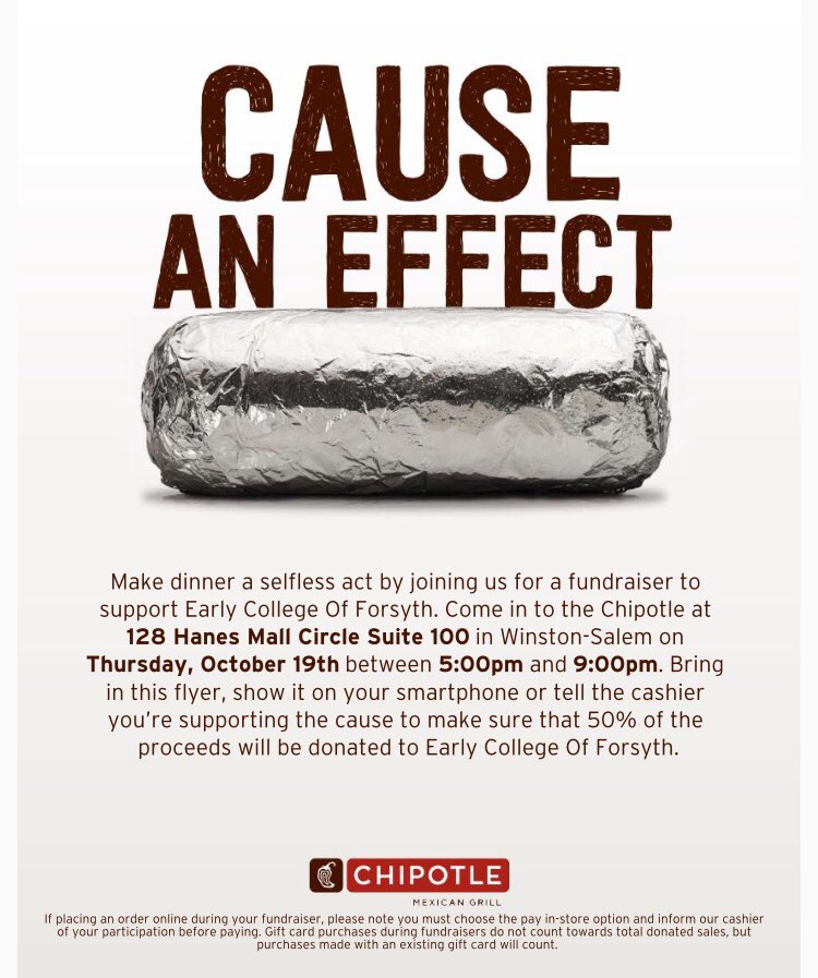 ECF_SCA's tweet photo. Don't forget to head over to Chipotle in Hanes Mall Circle tomorrow from 5-9 to benefit ECF's Drama Club! #ECFstudents  @ecf_dramaclub https://t.co/AH42VfTyhU