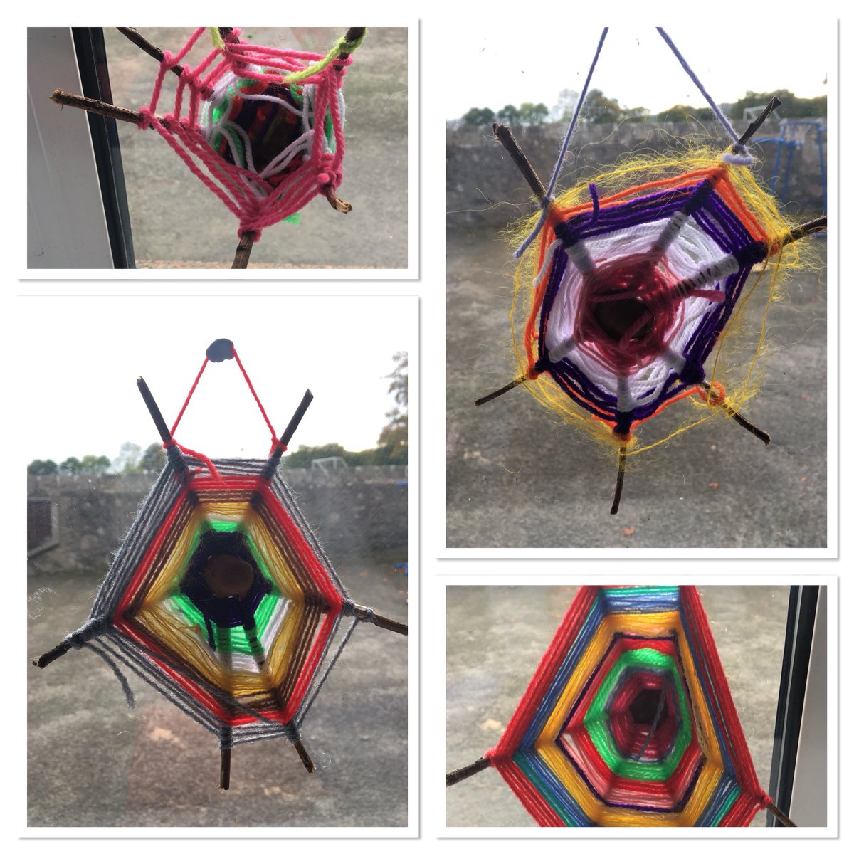 P1-3 wove a godseye using a conker, yarn and six sticks. #weaving #finemotorskills