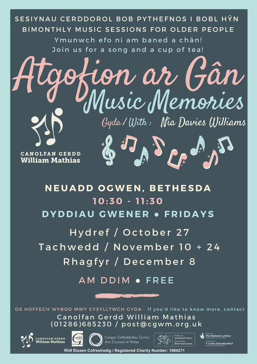 cgwmathias's tweet photo. Sesiynau cerdd i bobl hŷn ardal #Bethesda cychwyn 27/10. Cyfle i fwynhau cerddoriaeth, hel atgofion a chyfarfod pobl newydd #AtgofionArGân https://t.co/GNghrVADfC