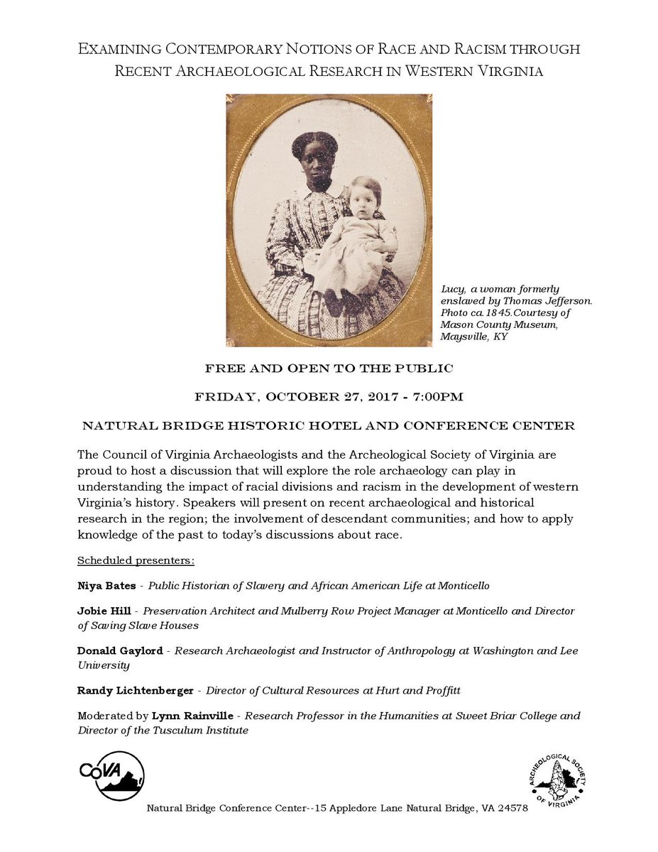 CoVaArchaeology's tweet photo. FREE Public Education session "Examining Contemporary Notions of Race & Racism." Oct 27 7pm. #Archaeology #Virginia #NaturalBridge #ASV2017 https://t.co/WEwBPXtMHj