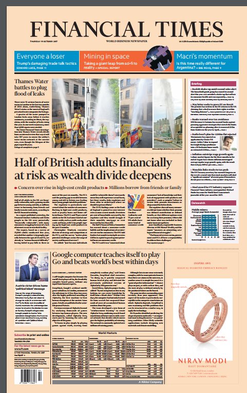 SkyNews's tweet photo. FINANCIAL TIMES FRONT PAGE `Half Of British Adults Financially At Risk AS Wealth Divide Deepens` 
#skypapers https://t.co/ksyK8ydlNz