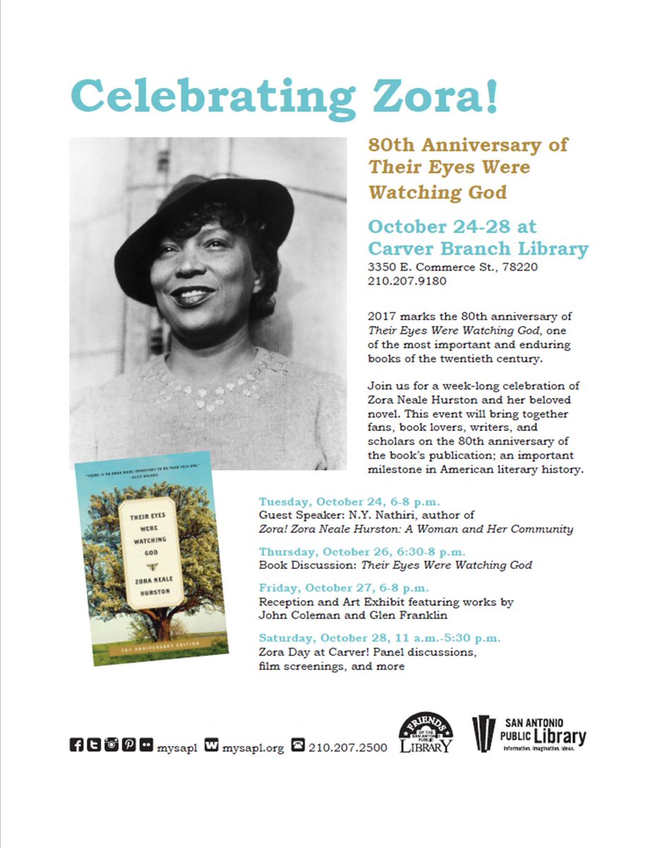 DLGrant1's tweet photo. #ZoraWeek# Come be part of Carver Branch Library's celebration of Zora Neale Hurston and her beloved novel Their Eyes Were Watching https://t.co/eDDZlXnMNh