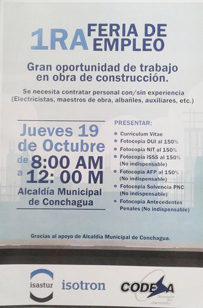 Oportunidad de empleo para publico en general, aprovecha esta oportunidad de trabajo la Alcalde de Conchagua te invita.
