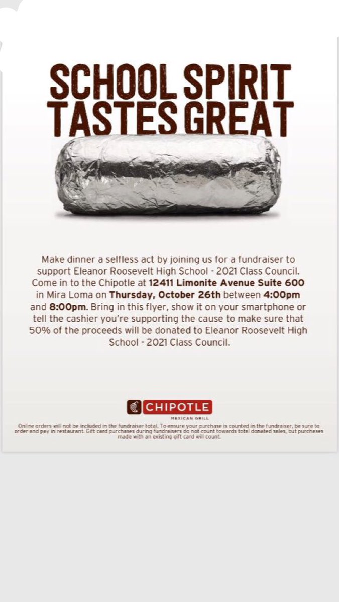 Please come and support NEXT THURSDAY from 4-8 at Chipotle!