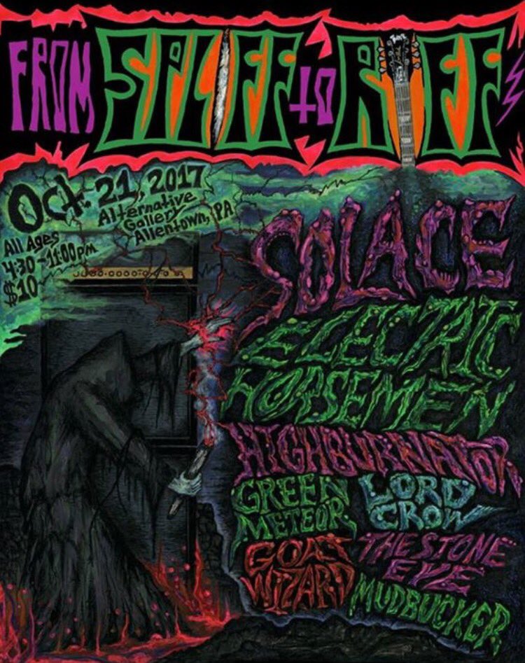 sirlordcrow's tweet photo. This is happening Saturday in Allentown.From Spliff to riff.Shit is going to get loud.We go on at 8:25 downstairs.Bring earplugs and snacks https://t.co/8xHHMgs4m1
