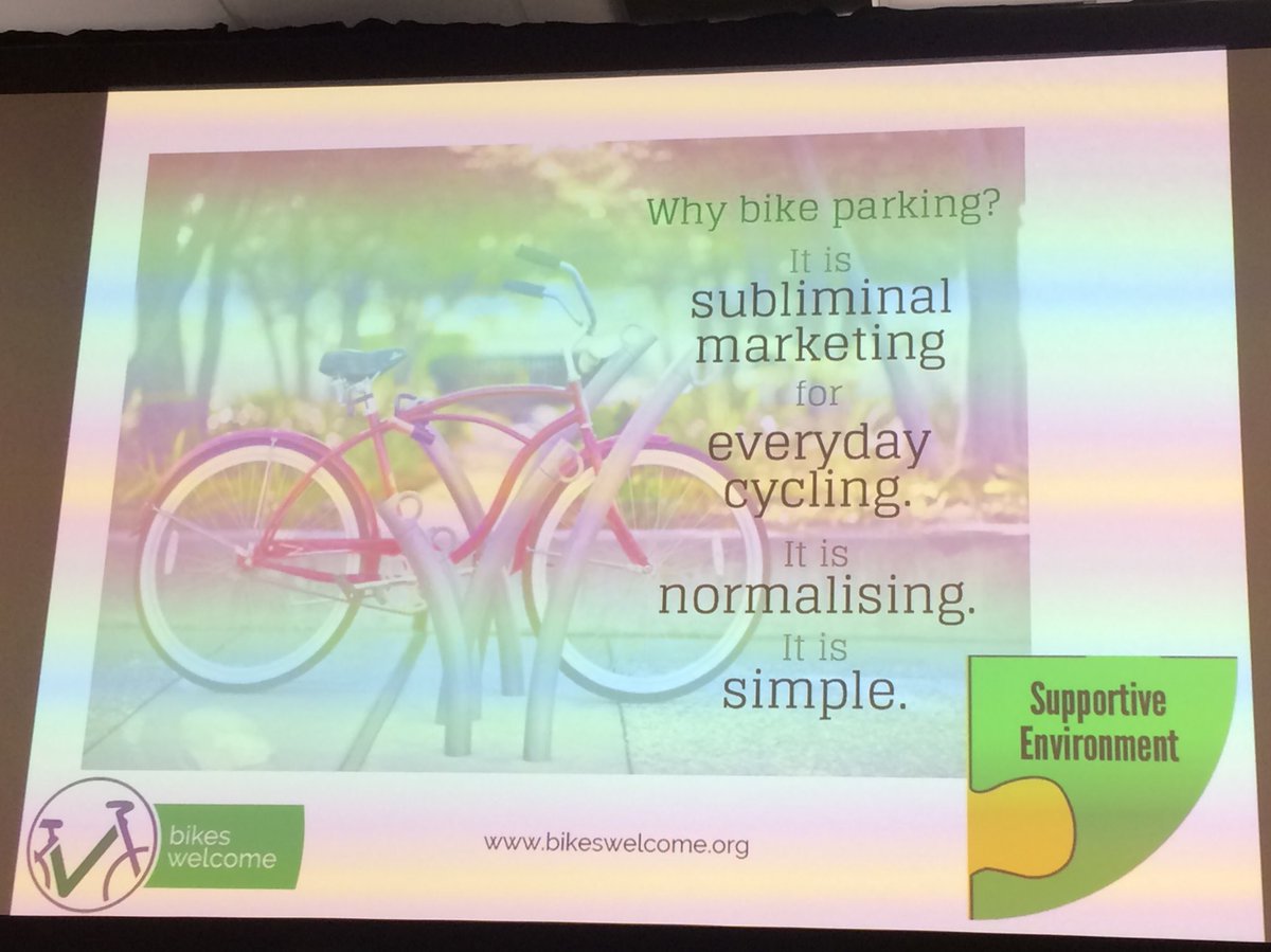 HoughtonSd's tweet photo. The subliminal normalising of everyday cycling by great bike parking shouldn't be underestimated - great point from @bikeswelcome #APCC2017 https://t.co/9fM98OvzsM
