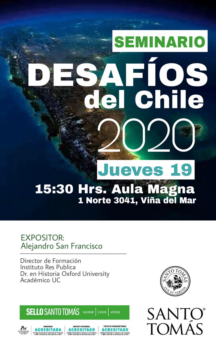 DerechoUST's tweet photo. ⏺️Recuerda: #Seminario "Desafíos del Chile 2020", Jueves 19, 15:30 Hrs. Aula Magna UST 1 Norte 3041 Piso 1, Viña del Mar. https://t.co/HbWOYoSbhR