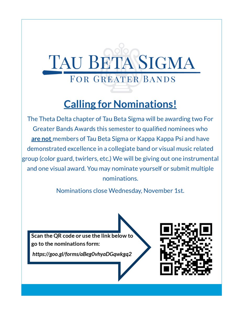 Nominations are open! For Greater Bands Awards are now up for nominees of members who are not in TBS or KKPsi. Feel free to spread the word to your band friends!