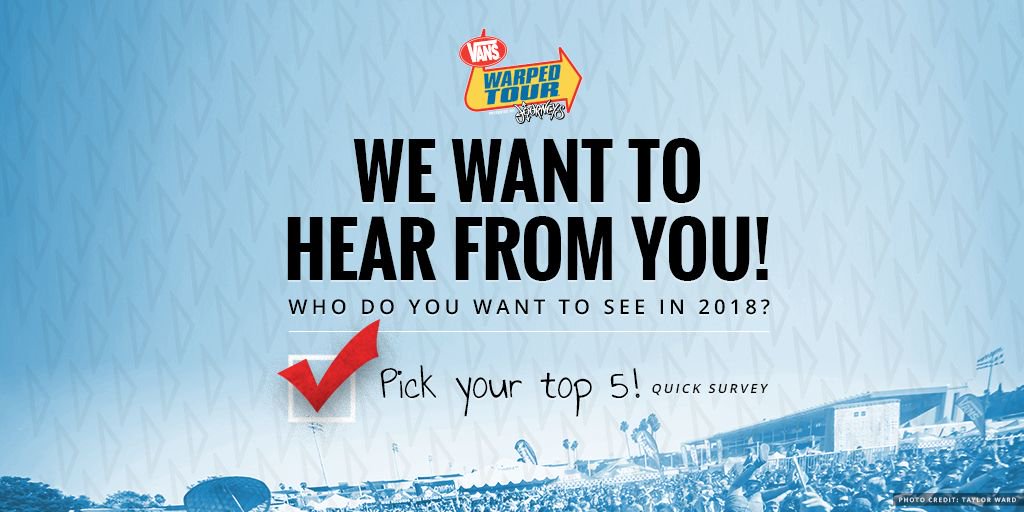VansWarpedTour's tweet image. it's that time again - take the survey and let us know which bands you want to see in 2018! 
🗳️ fanlink.to/VWT18survey

#vanswarpedtour