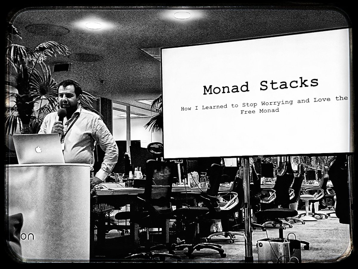 a_lorenzani's tweet photo. Last talk about #monads and #freemonads with quote of #drstrangelove - #scalaCentral @Scala_Central @babylonhealth #scala https://t.co/7HsU07NuMw