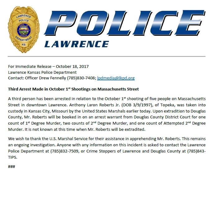 LawrenceKS_PD's tweet photo. Media release for arrest of 3rd Massachusetts Street shooting suspect, Anthony Laron Roberts Jr., attached https://t.co/2MoBNLPXsS