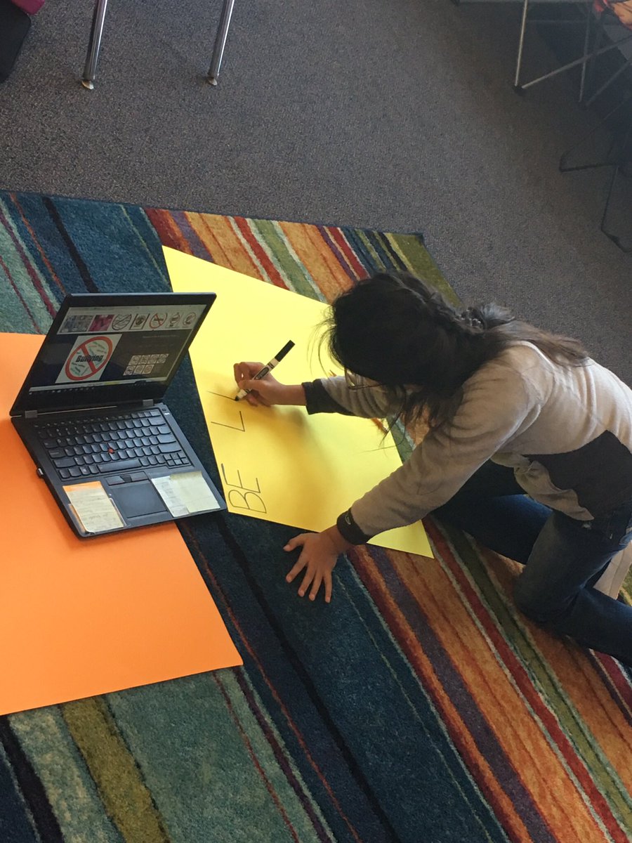 MissLTrue's tweet photo. A student wrote a persuasive paper to pass a new school rule: that #antibullying signs should be  posted. It passed! #makingposters https://t.co/VlEZhWQuYn