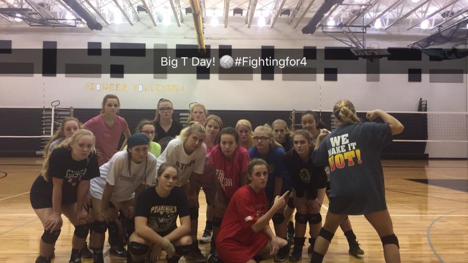 Pioneer_Vball's tweet photo. Big T-shirt day at practice! Your Lady Panthers have their eye on the prize and are focusing in on Saturday’s goal! #Fightingfor4 https://t.co/rCtfMfaOxh