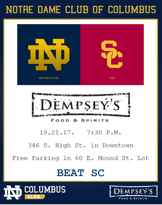NDClubColumbus's tweet photo. Not going to the game? Then you oughta be at Dempsey's on Sat. night. @NDFootball on every TV w/ audio. Beer specials, great menu.  BEAT SC! https://t.co/TbpM6nJ3wK