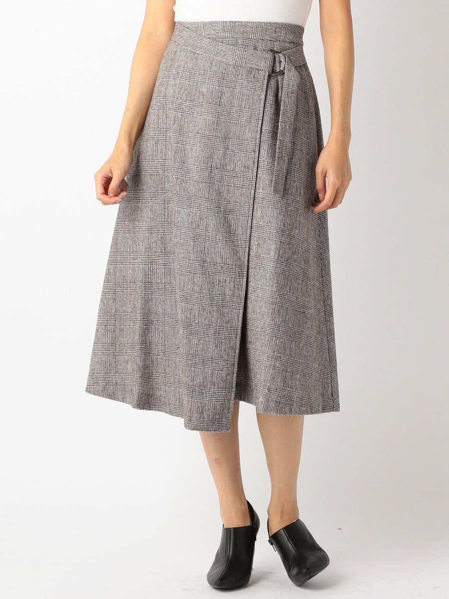 Unrelish アンレリッシュ V Twitter 柄ロング巻きスカート 今季注目のグレンチェック柄で仕上げた巻きスカート です ウエスト部分にはリング付きのベルトをあしらい これ1つでくびれコンシャスに着られます メンズ顔な柄はスカートでフェミニンに取り入れるのが