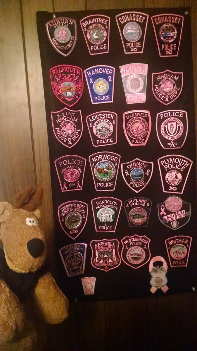 Shari_Weiner's tweet photo. My #Massachusetts #PinkPatchProject collection..so far..23 of the 31! #rufus wants to get them all! @Duxbury_Police we miss you! #questfor31 https://t.co/FtiptqwOxq