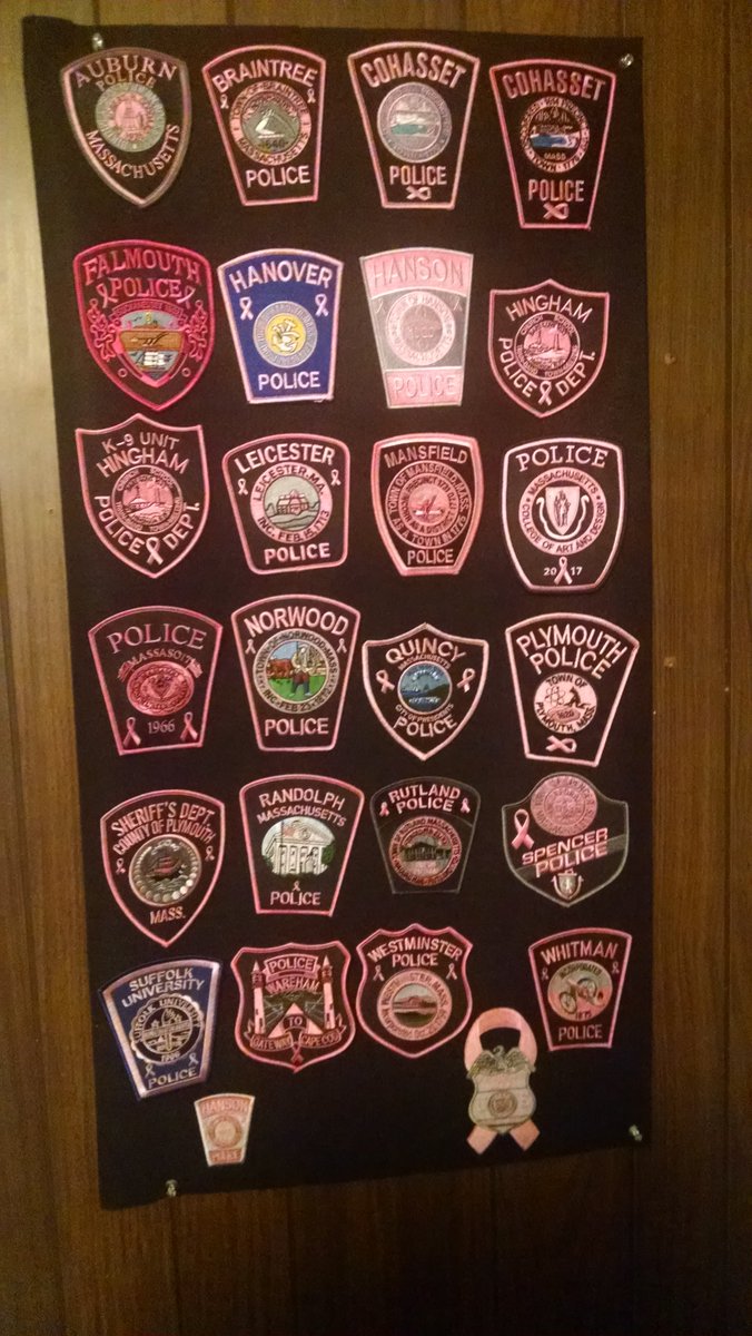 Shari_Weiner's tweet photo. My #Massachusetts #PinkPatchProject collection..so far..23 of the 31! #rufus wants to get them all! @Duxbury_Police we miss you! #questfor31 https://t.co/FtiptqwOxq