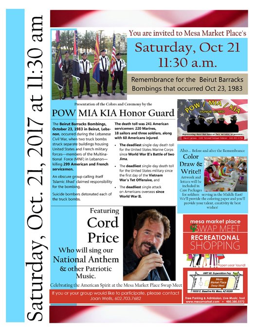 mesamarket's tweet photo. Patriotic event at Mesa Market Place Food Court this Saturday, Oct. 21 at 11:30am. It is dedicated to our fallen who no longer have a voice. https://t.co/3IQRoBfQDU