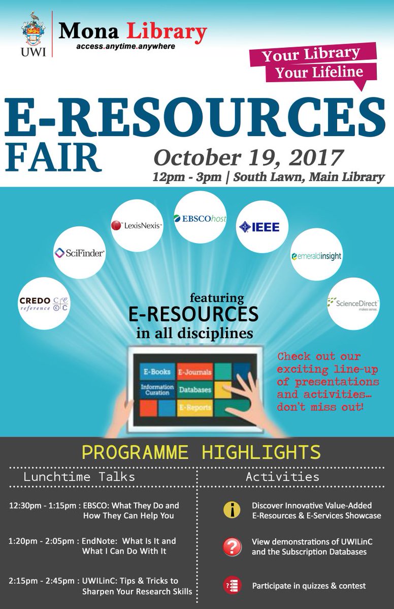 uwimonalibrary's tweet photo. REMINDER: #EResourcesFair tomorrow
| Main Library (South Lawn). PRIZES and ACTIVITIES for everyone!
#UWIMonaLibrary
#LibraryOpenWeek2017 https://t.co/io8B4COLHt