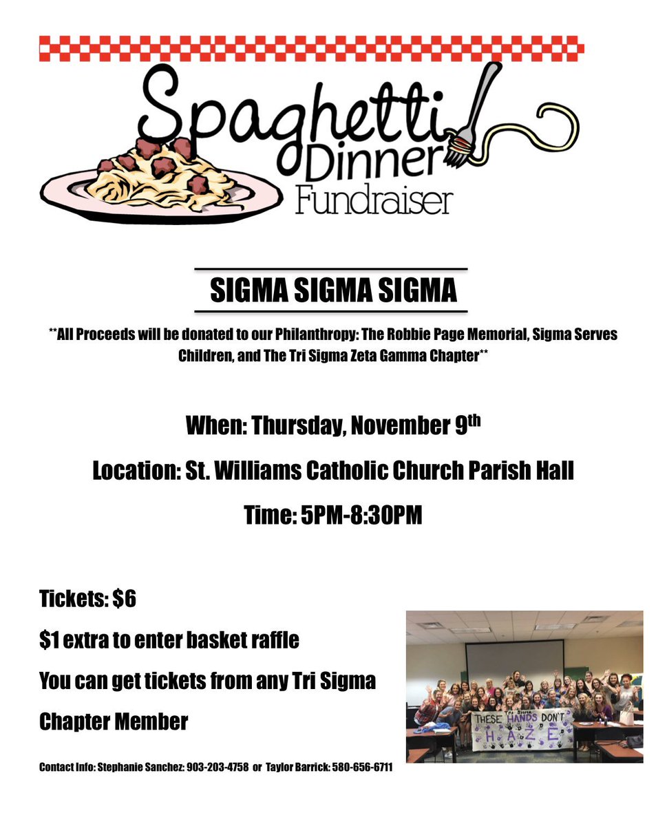 stephiie321's tweet photo. Tri Sigma is having a Spaghetti fundraiser!Come out and support us for a great cause!!You can come have a seat and eat or take it to go! https://t.co/H9HZBjSK6C