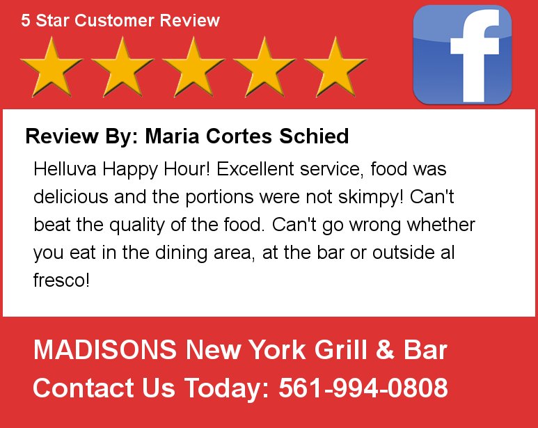 MadisonsUSA's tweet photo. Review By: Maria Cortes Schied Helluva Happy Hour!  Excellent serv A recent review from one of our Patrons. (below) https://t.co/YYoaWQppIw