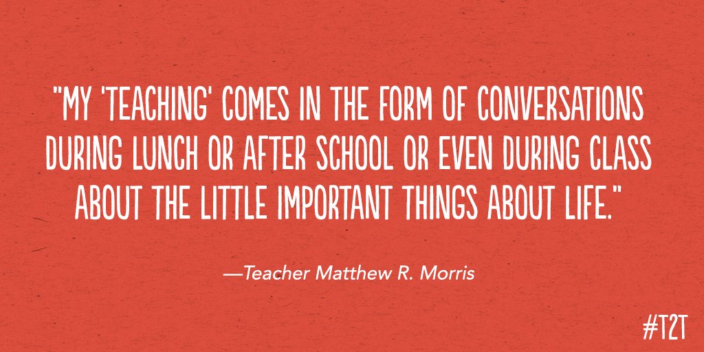 teacher2teacher's tweet photo. When Ss look up to Ts as role models, connections can be made "beyond the books," says T @callmemrmorris: https://t.co/b0N9B1hwfX #EduColor https://t.co/D24lupKobu