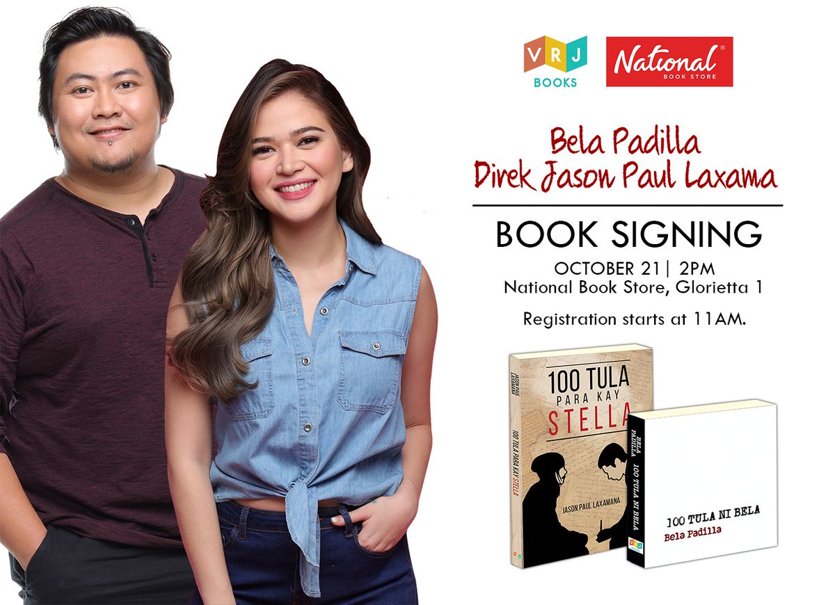 nbsalert's tweet photo. See you this Saturday, October 21, at NBS Glorietta 1 for the 100 Tula book signing with Bela Padilla and JP Laxamana! #NBSat75 https://t.co/C0c6CTWdqo