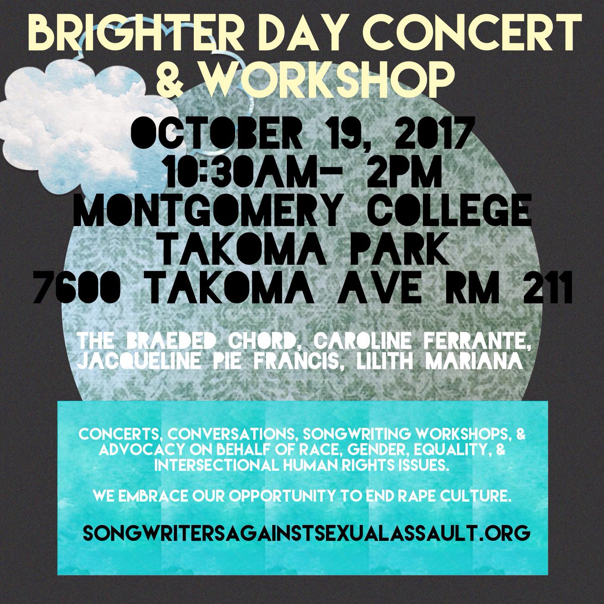 AmericanaDC's tweet photo. The conversation continues at MC Takoma Tomorrow 10:30-2! @montgomerycoll #dvam2017 #metoo #wetoo #songwritersagainstsexualassault https://t.co/4BmVdfI0dX