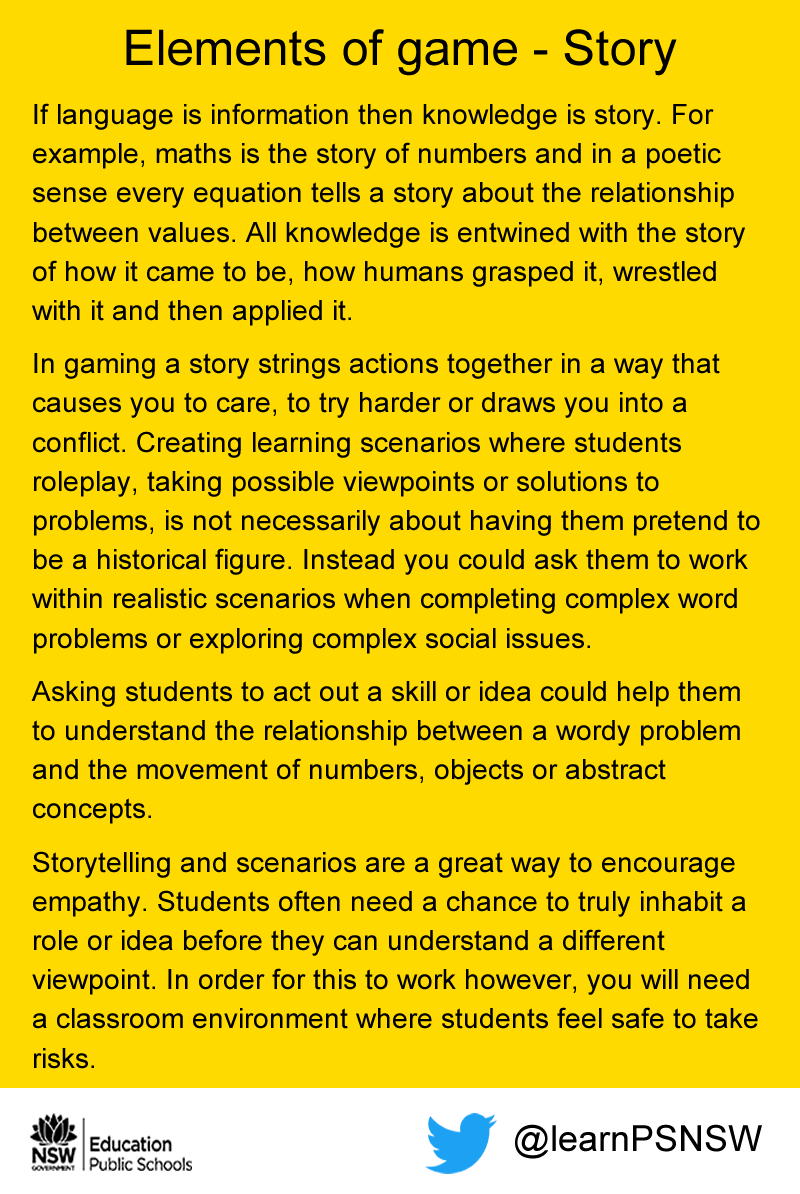 learnPSNSW's tweet photo. Perhaps the most important #elementofgame is story. @Capitan_Typo @imagineinquiry @KeeganSLW #DoEgamification https://t.co/uEZO2dQvIW