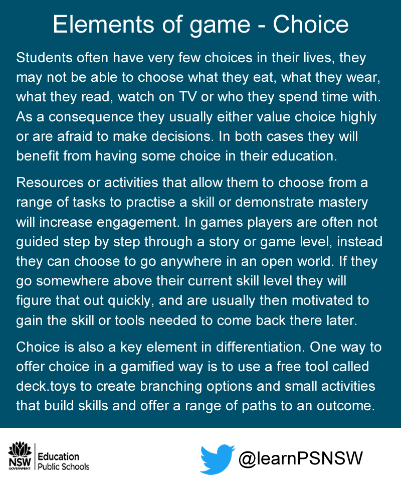 learnPSNSW's tweet photo. Another #elementofgame that makes using game in teaching and learning so engaging is #choice. #DoEgamification https://t.co/i1yUwAKCZu