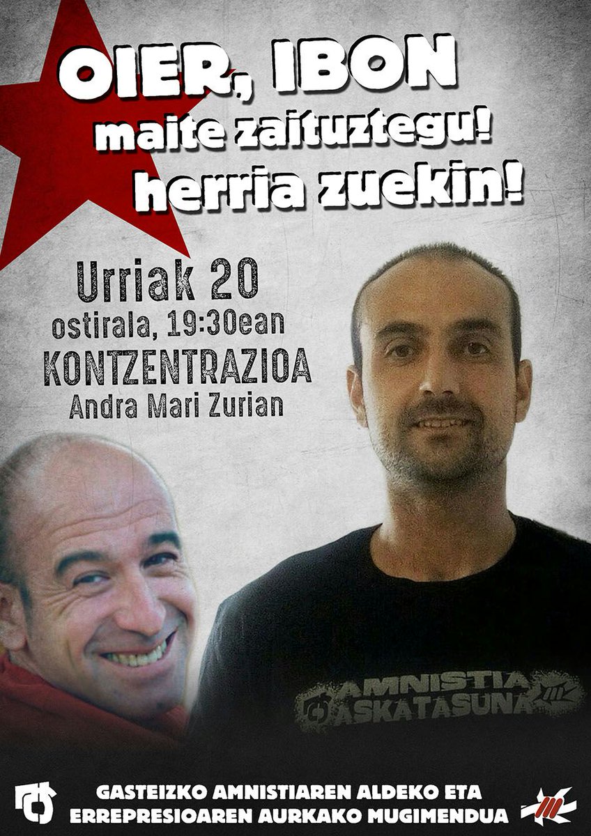 AmnistiaGarrasi's tweet photo. Ibon Iparragirre eta Oier Gomezen aldeko kontzentrazioa Gasteizen ostiralean https://t.co/sB5bo4iGfc