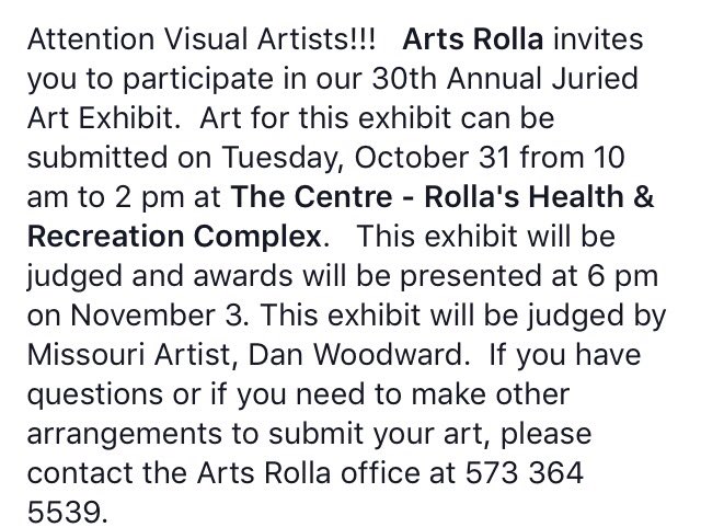 ArtsRolla's tweet photo. It's that time of year! Our 30th Annual Juried Art Exhibit. https://t.co/qiMTSeHfep for more info! #art #rolla #missouri #visualartists https://t.co/Ec98auB7sE