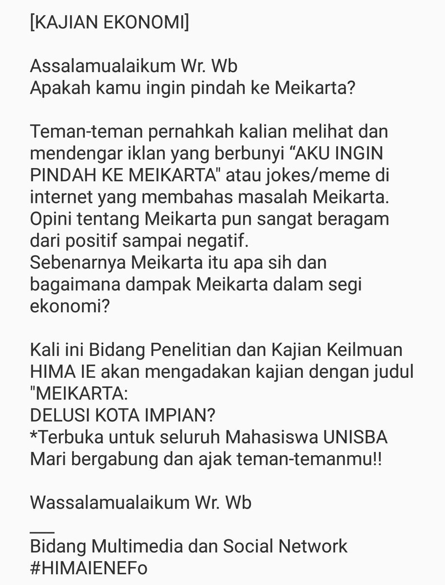 [KAJIAN EKONOMI]

Assalamualaikum Wr.Wb
Mari bergabung dan ajak teman-temanmu!!

___
Bidang Multimedia dan Social Network
#HIMAIENEFo