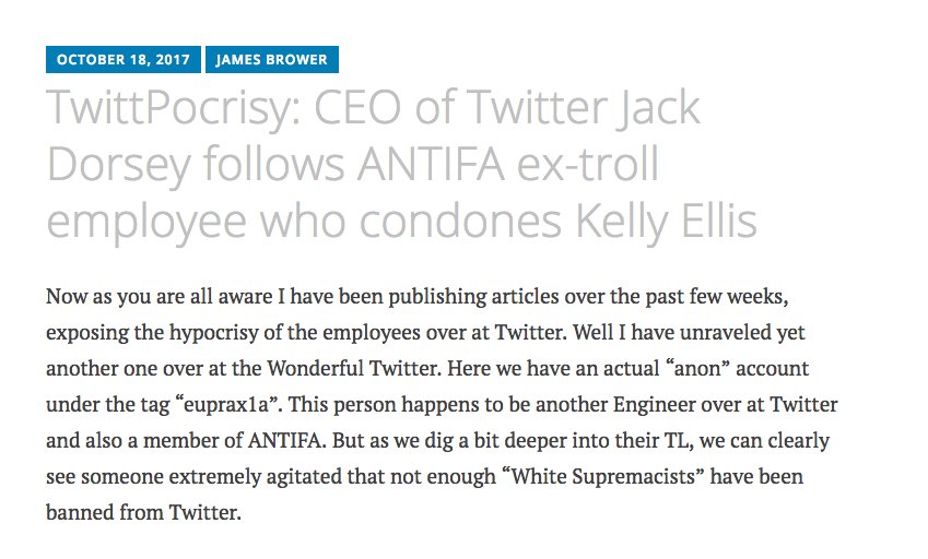 TwittPocrisy: CEO of Twitter Jack Dorsey follows ANTIFA ex-troll employee who condones Kelly Ellis
Now as you are all aware I have been publishing articles over the past few weeks, exposing the hypocrisy of the employees over at Twitter. Well I have unraveled yet another one over at the Wonderful Twitter. Here we have an actual “anon” account under the tag “euprax1a”. This person happens to be another Engineer over a